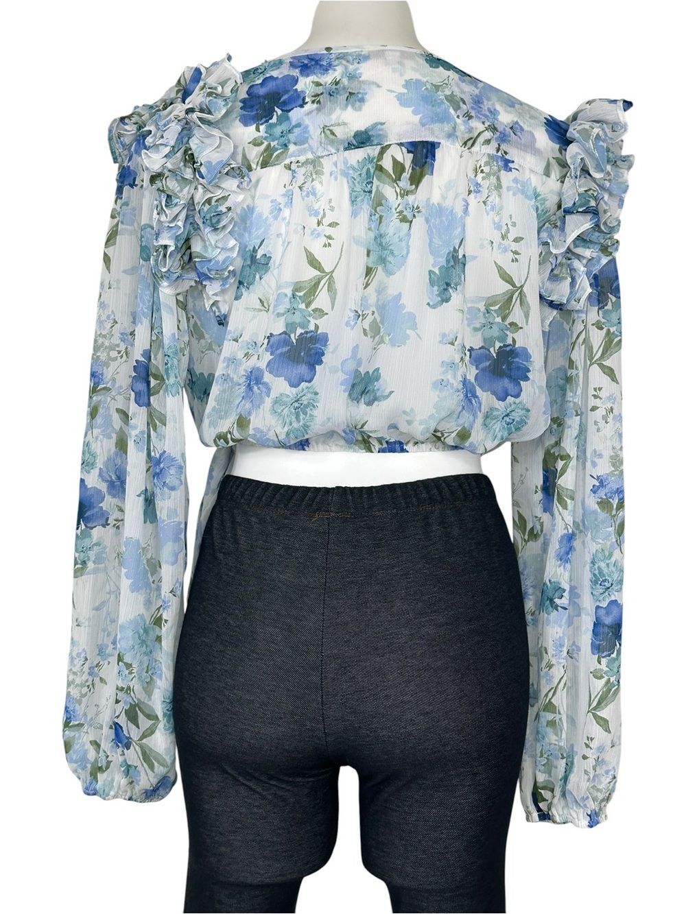 Fate Floral Ruffle Long-Sleeve Crop Top - Blue Large - Picture 2 of 7
